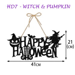 Halloween Witch & Pumpkin Hanging Sign with Black Glitter Design – HD7